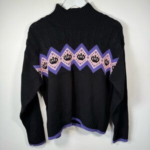 Juicy Couture Women’s Crown Pattern Mock Neck Sweater Black Purple Pink Size L